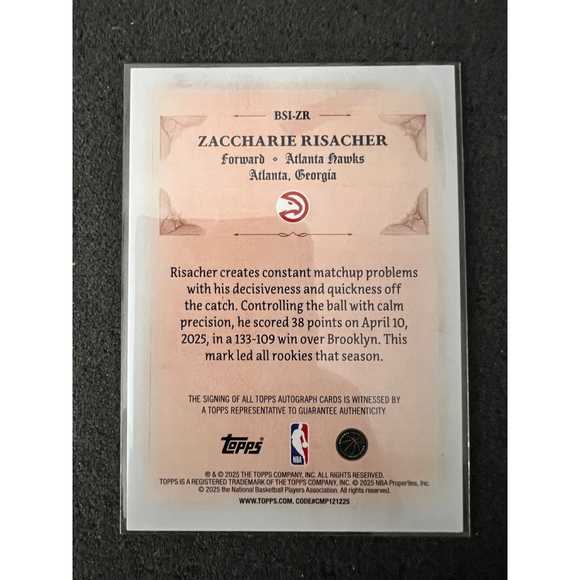 Zaccharie Risacher - 2025-26 Topps - Signed and Sealed Black Holo Foil #03/10